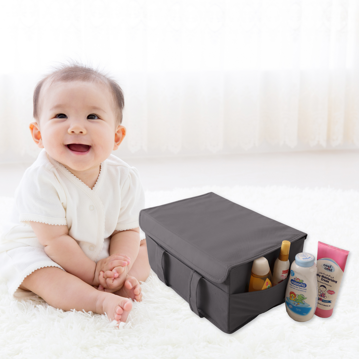 Diaper Caddy Organizer with Lid - Large Grey Portable Baby Diaper Bag