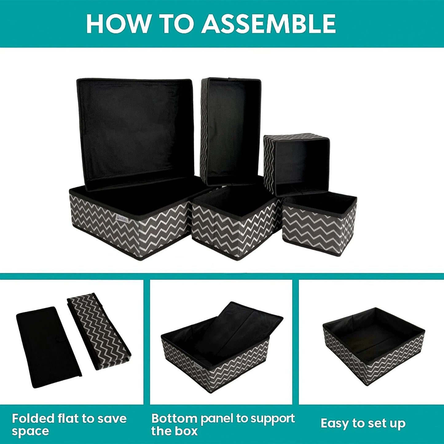 Qoolish 6-Pack Drawer Organizers- Black Stripes