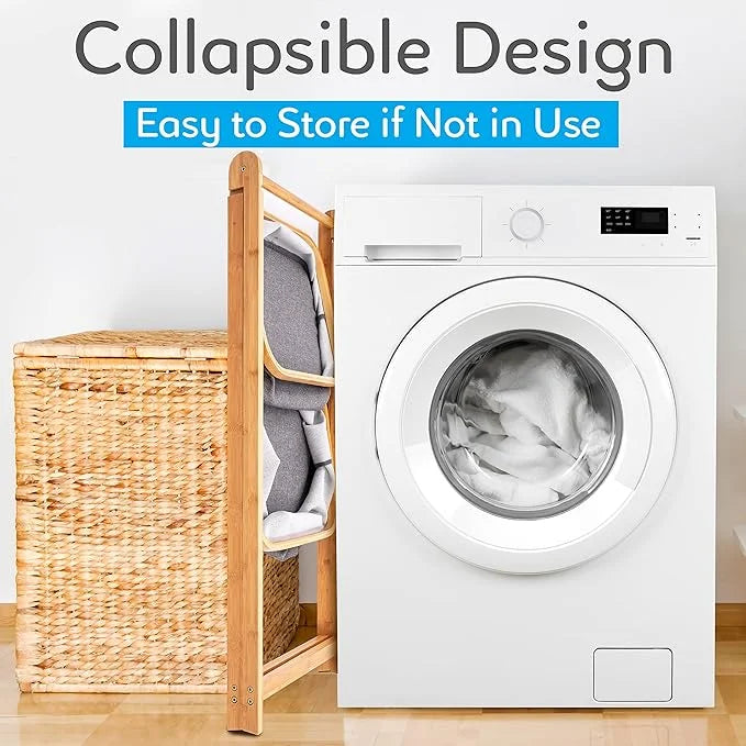 SereneLife 2-Tier Fold Out Hamper Shelf Storage - Space Saving Collapsible Foldable Natural Bamboo Wooden Organizer Removable Baskets for Bedroom Bathroom Laundry Clothes Towels