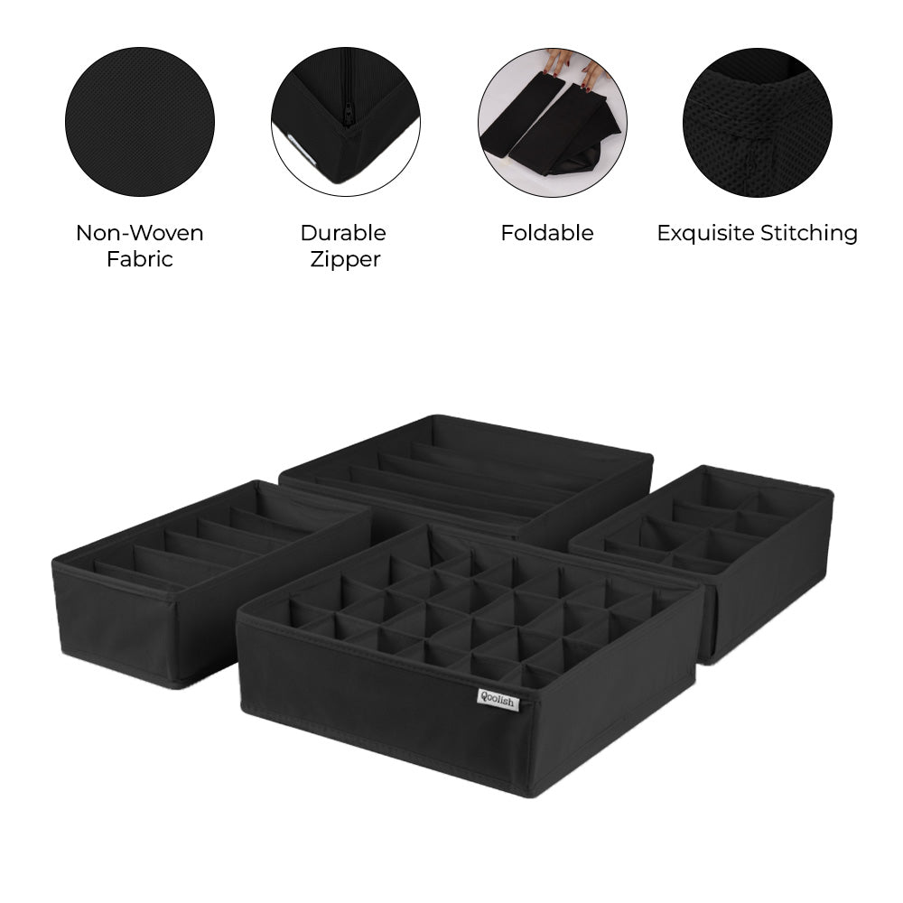 Qoolish Pack of 4 Drawer Organizers Black