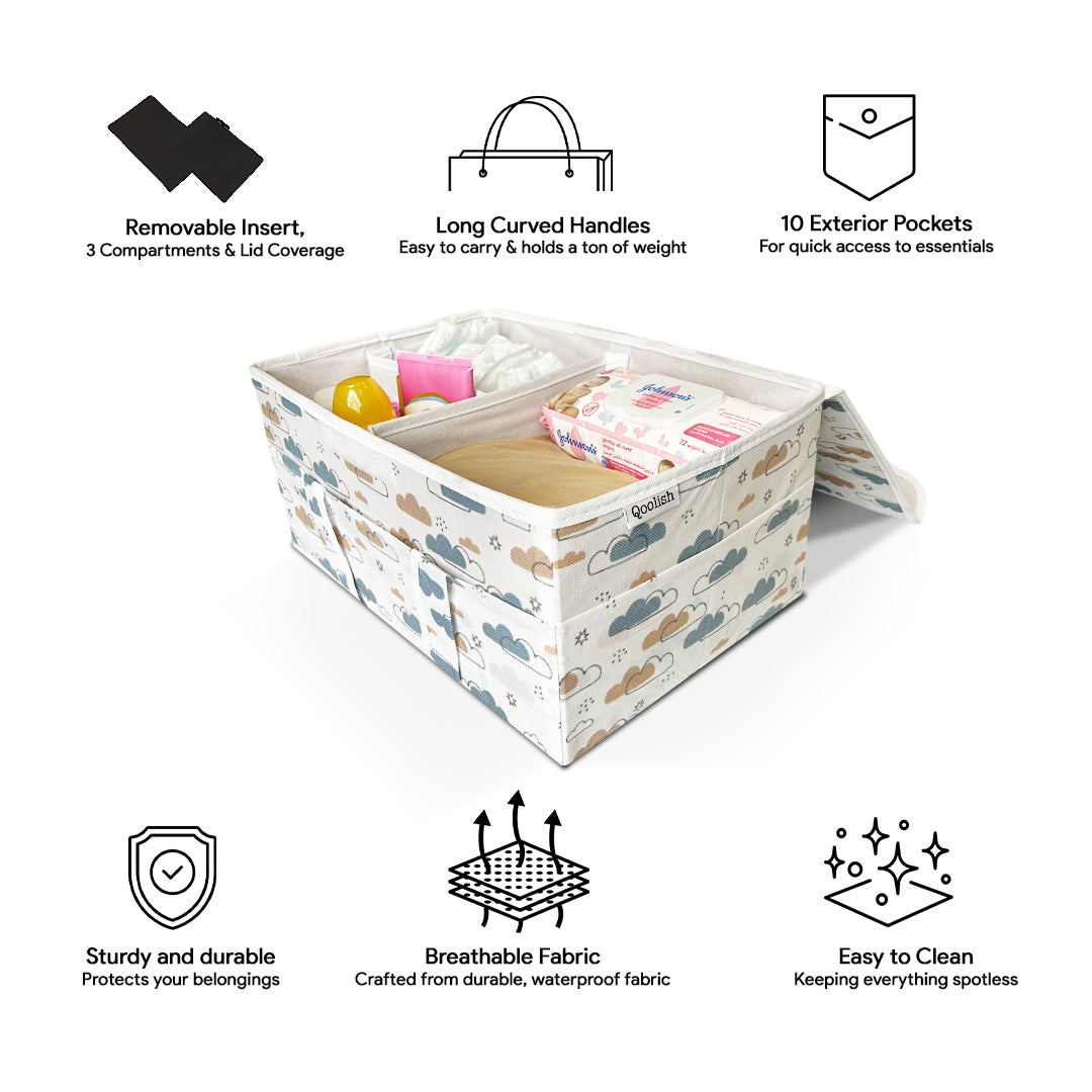 Diaper Caddy with Lid- Dreamy Clouds Warm Neutral tones (Available in 2 colors)