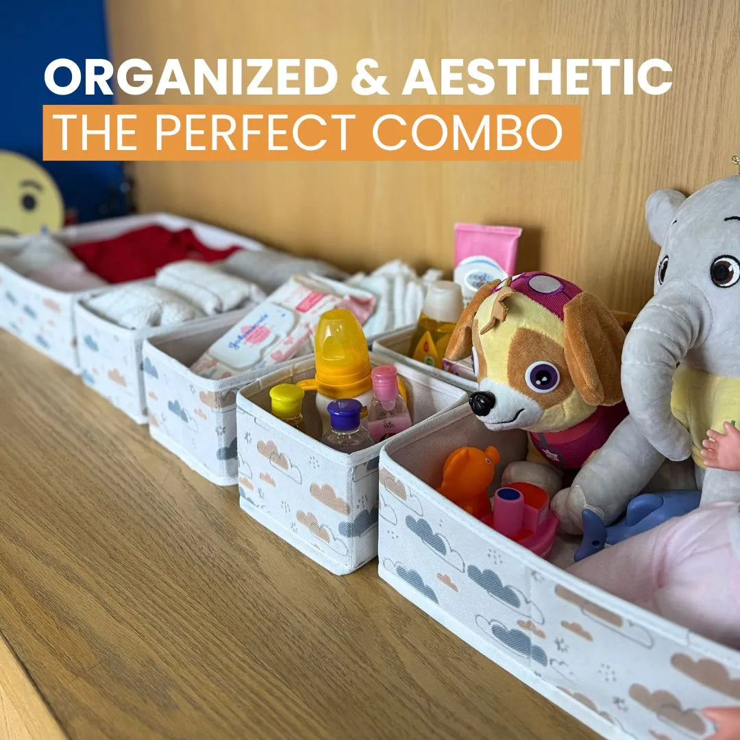 Organized baby storage boxes on shelf holding toys, wipes, clothes – Qoolish drawer organizers for a clean and aesthetic look