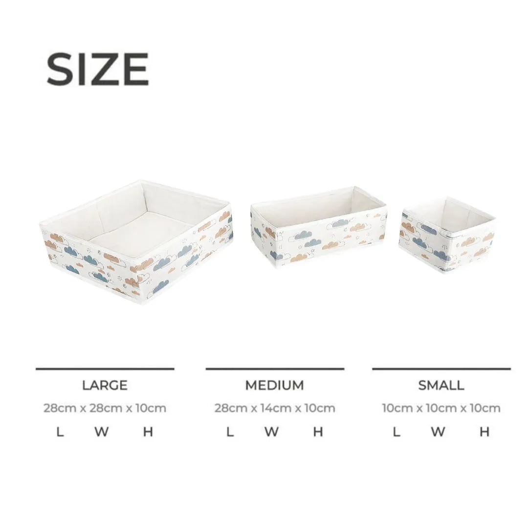 Size chart showing large, medium, and small boxes of Qoolish baby drawer organizer set with measurements