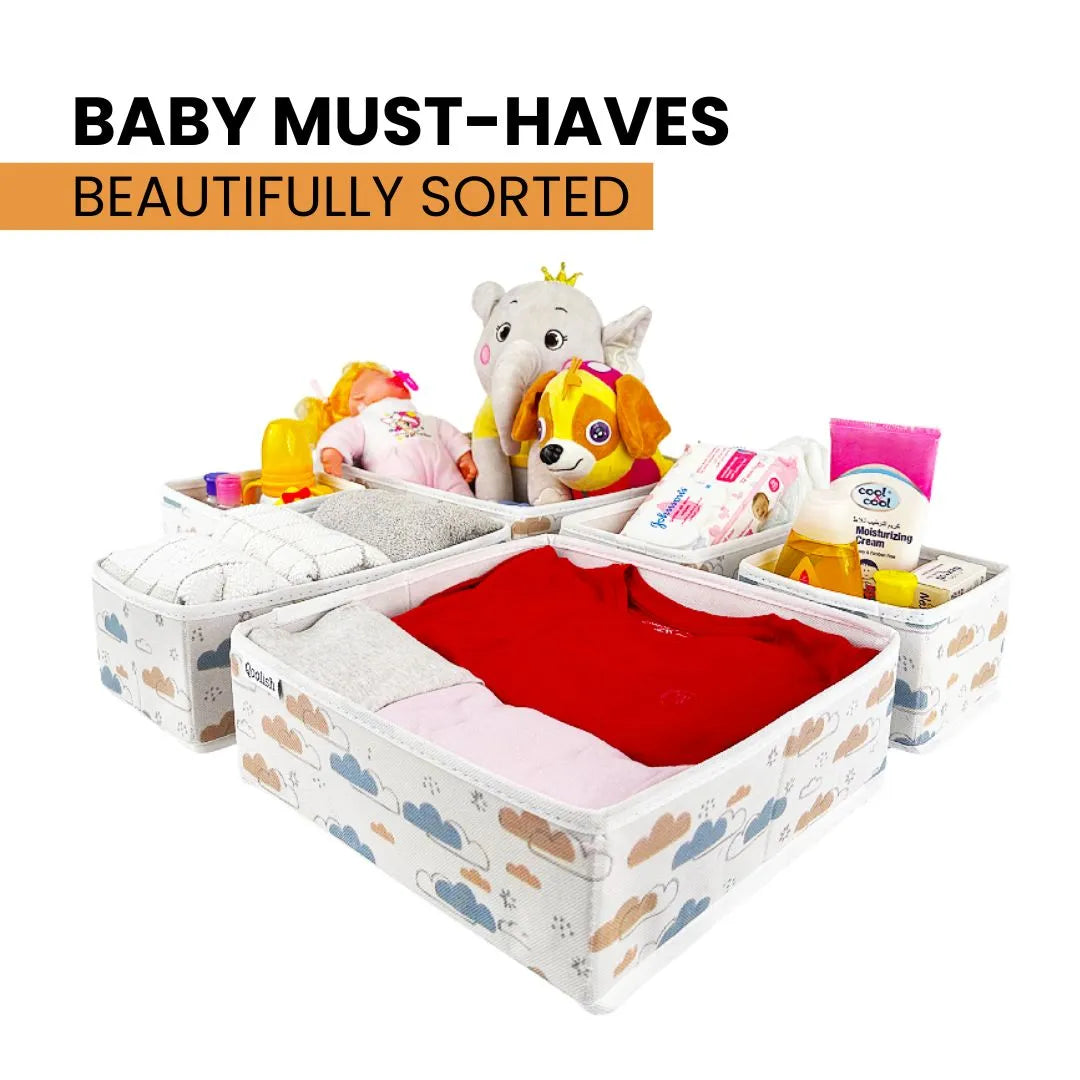 Foldable baby drawer organizer by Qoolish made with non-woven fabric and cardboard bottom – perfect for nursery and clothes storage