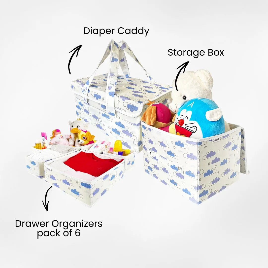 Breakdown of Mama’s Must Have bundle showing diaper caddy, drawer organizers and storage box