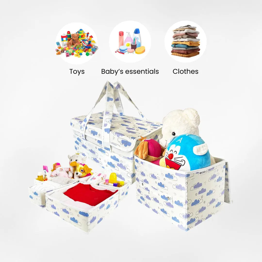 Blue cloud print diaper caddy with organizer boxes for toys, baby essentials and clothes