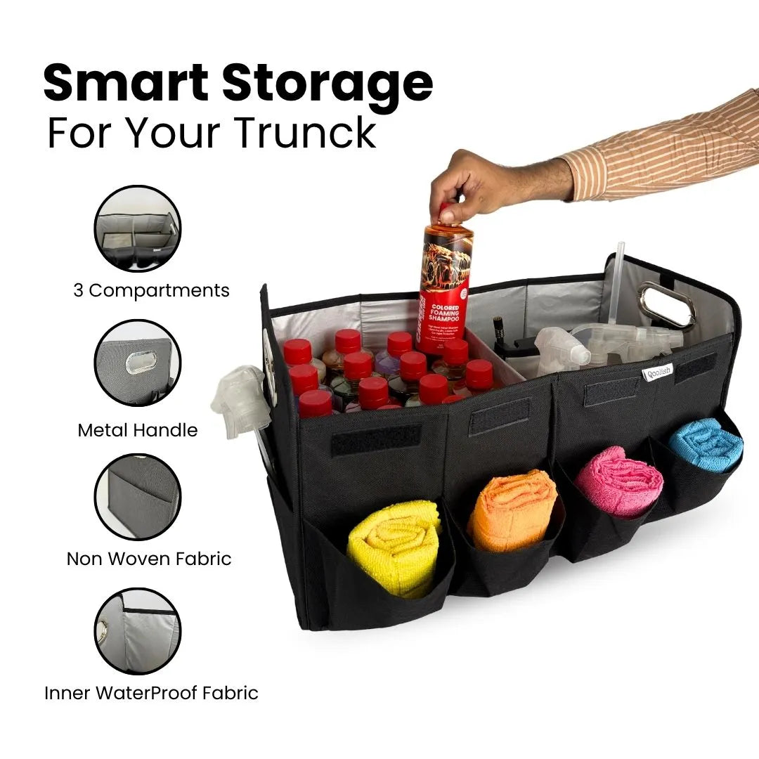 Car trunk storage bin with multi-pocket design for organized travel