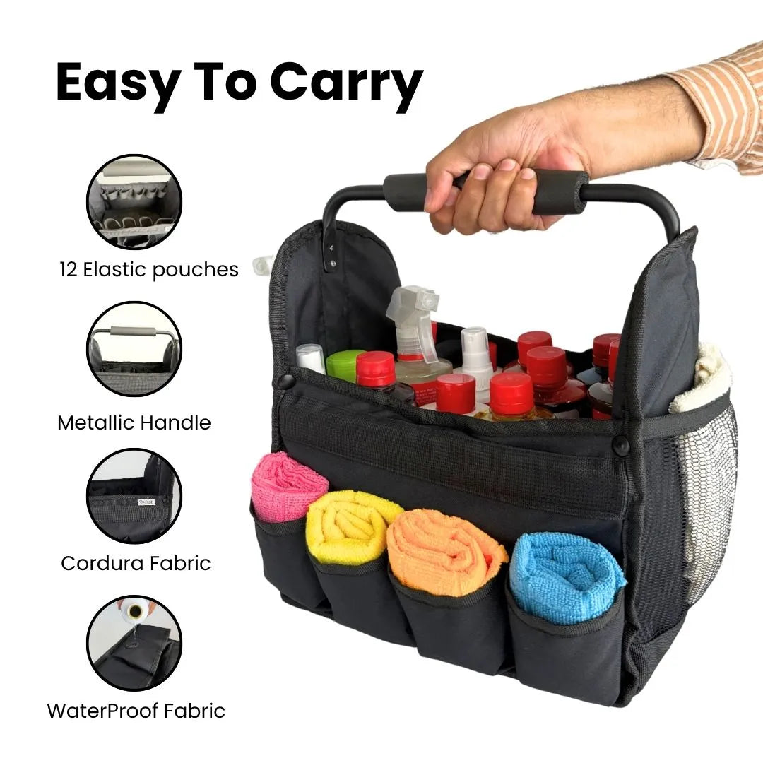 Black portable storage caddy for organizing car tools and items