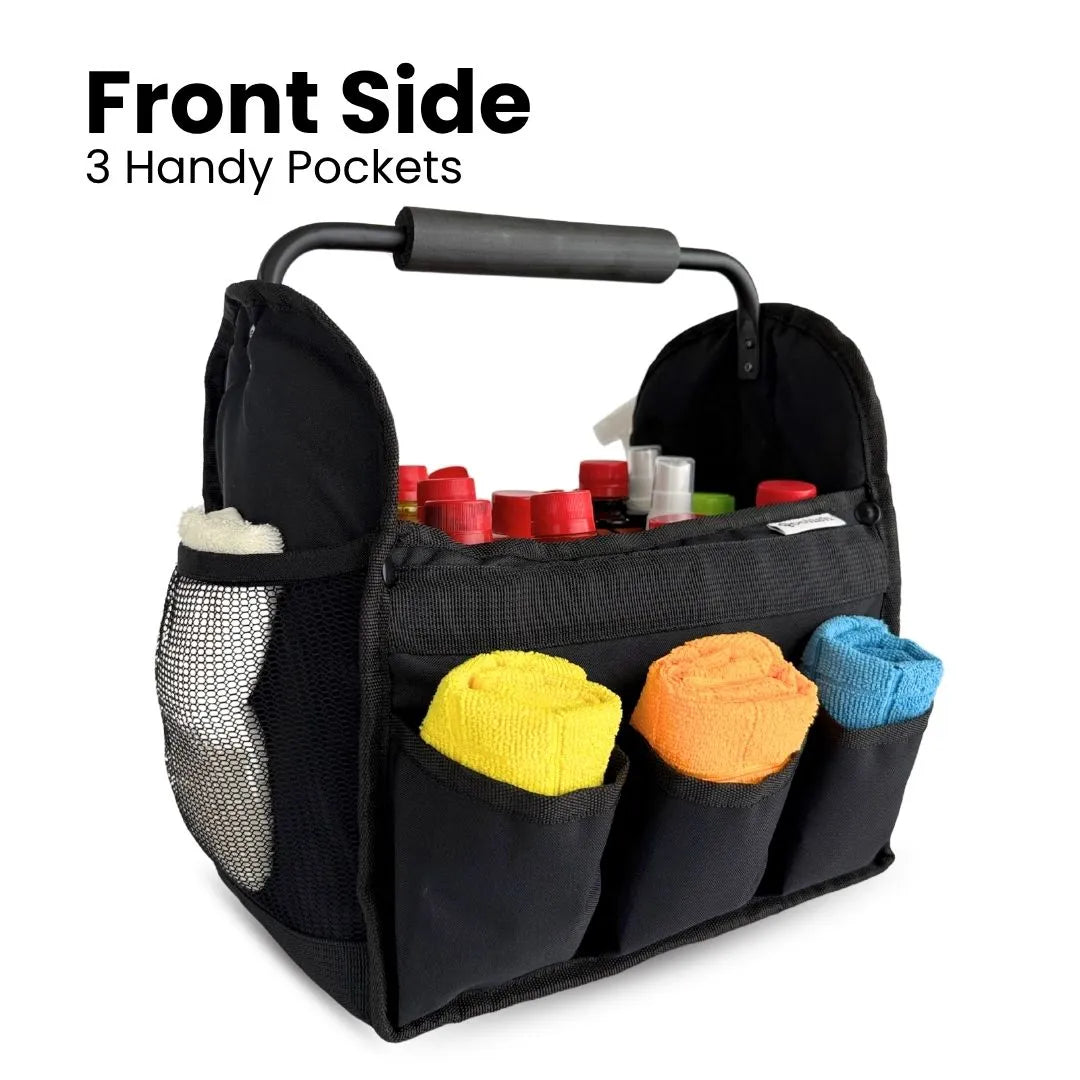 Black car storage organizer with padded handle and mesh pocket
