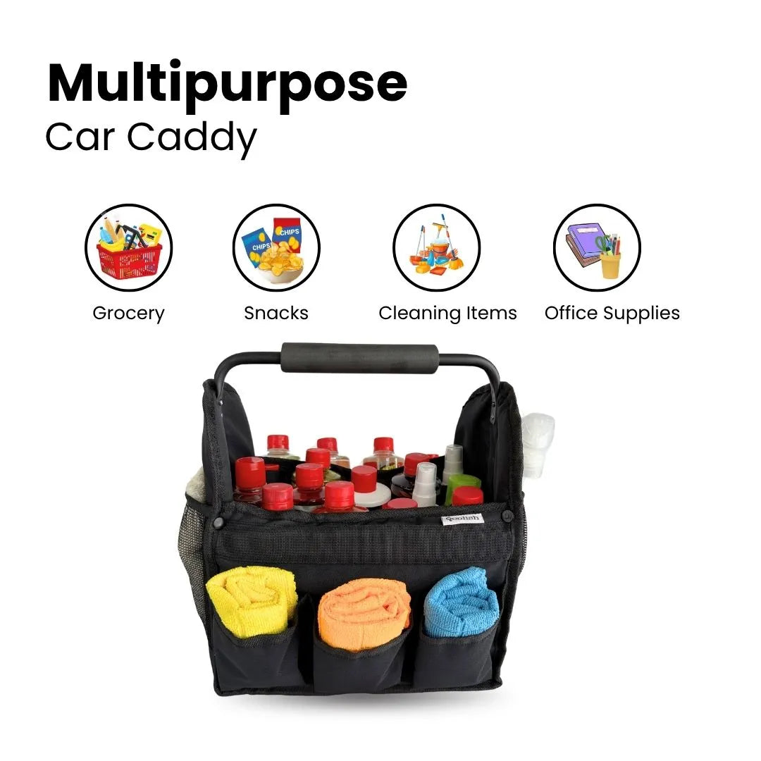 Compact black car caddy bag with reinforced sides and deep pockets