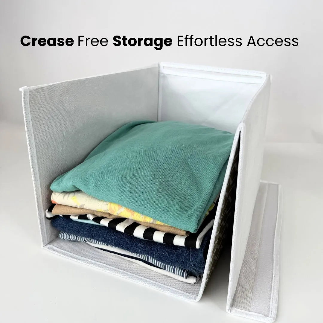 Front access storage solution ideal for closets, shelves, and under-bed organization.