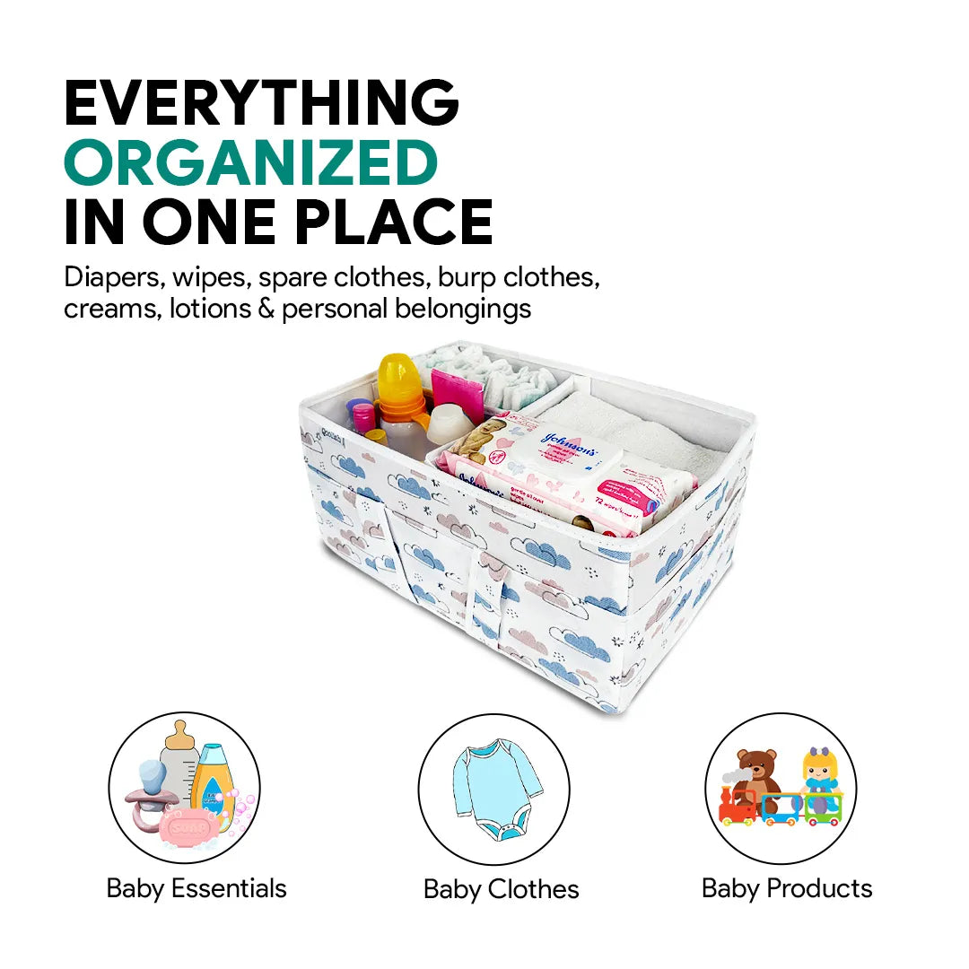 Lightweight baby nursery organizer with multiple compartments and warm neutral colors.