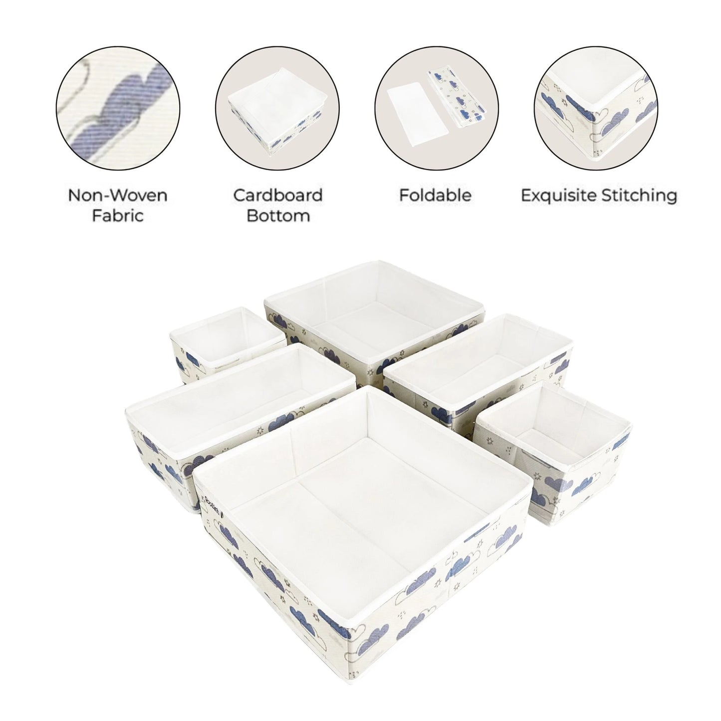 Cotton blend drawer storage bins with colorful clouds and handles