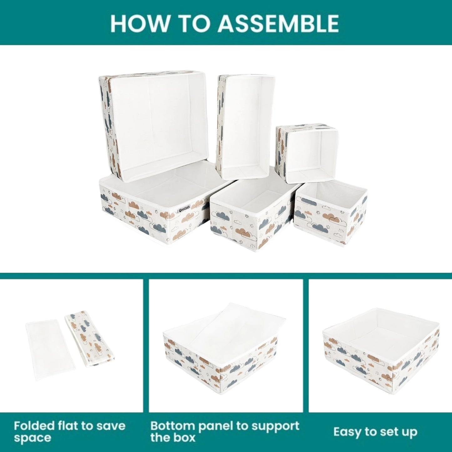Multi-size organizer boxes for home storage with soft cloud print design