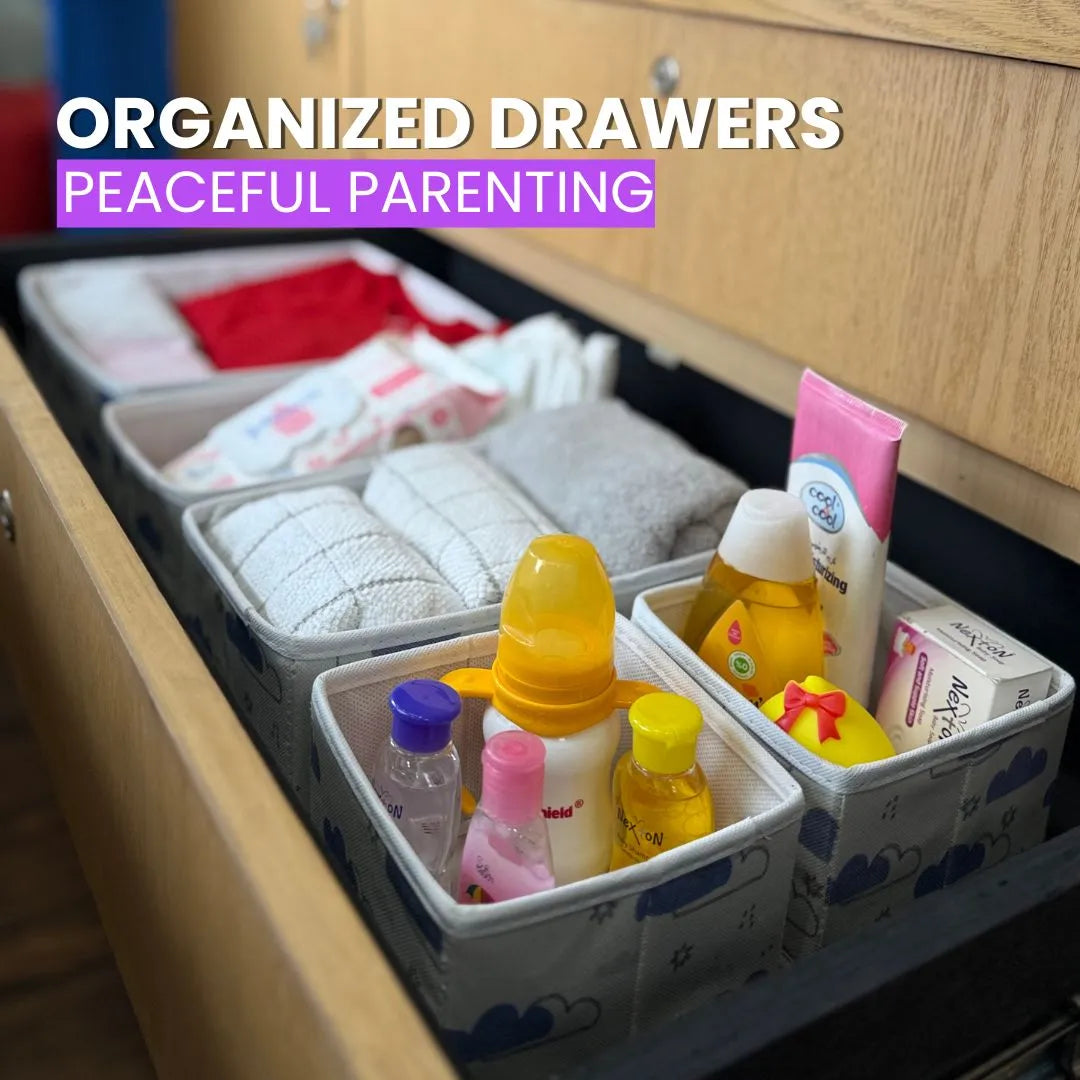 Features of baby drawer storage box including foldability and stitching
