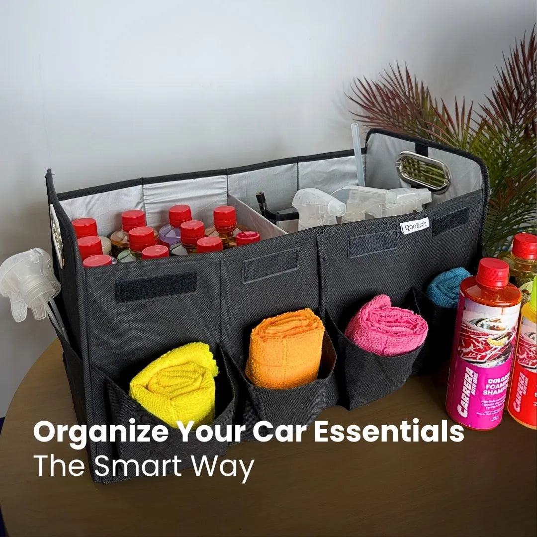 Vehicle storage solution for car cleaning kits, groceries, and tools