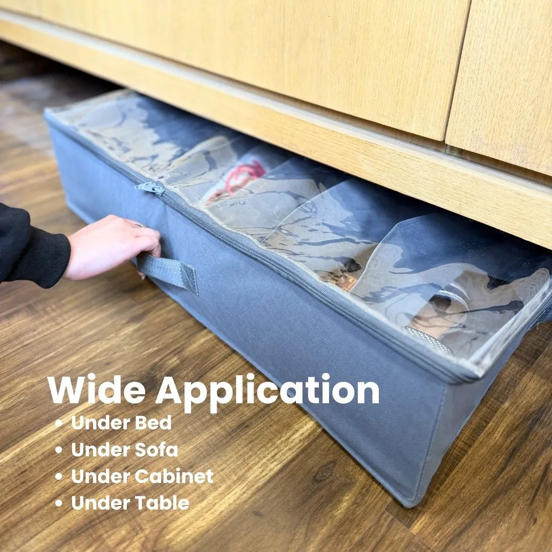 Foldable grey underbed shoe organizer designed for compact storage spaces.