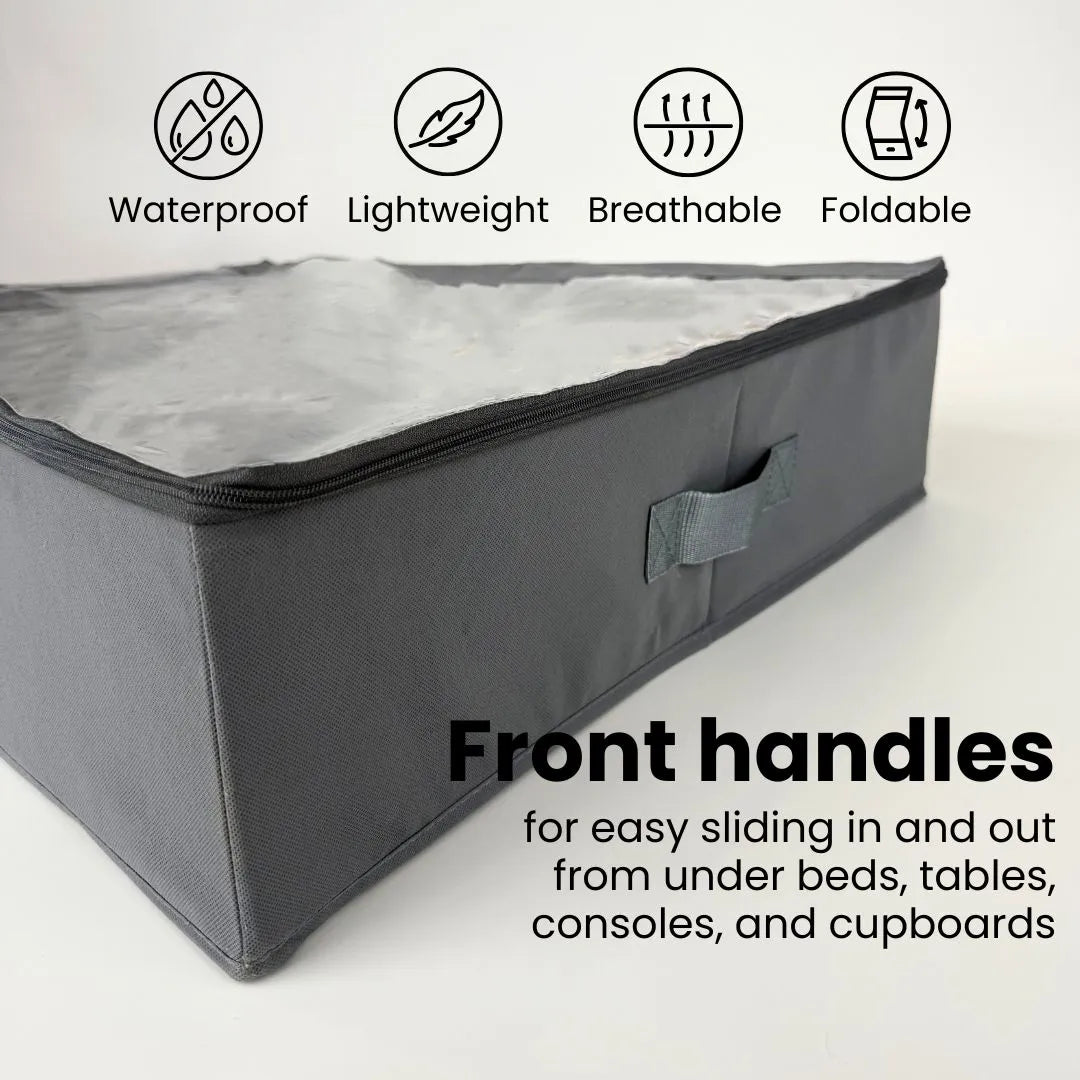 Underbed shoe storage organizer with transparent zippered cover for easy visibility.