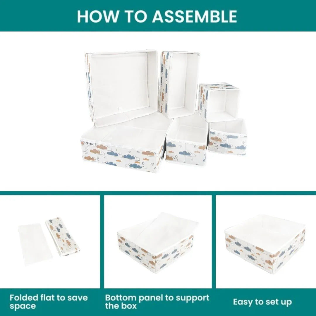 Drawer filled with baby products sorted using Qoolish organizer boxes – ideal for happy moms and tidy drawers