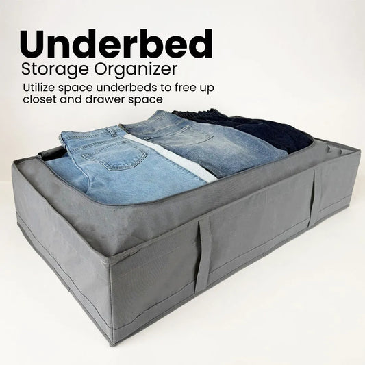 Space-saving underbed storage organizer by Qoolish, ideal for clothes and bedding.