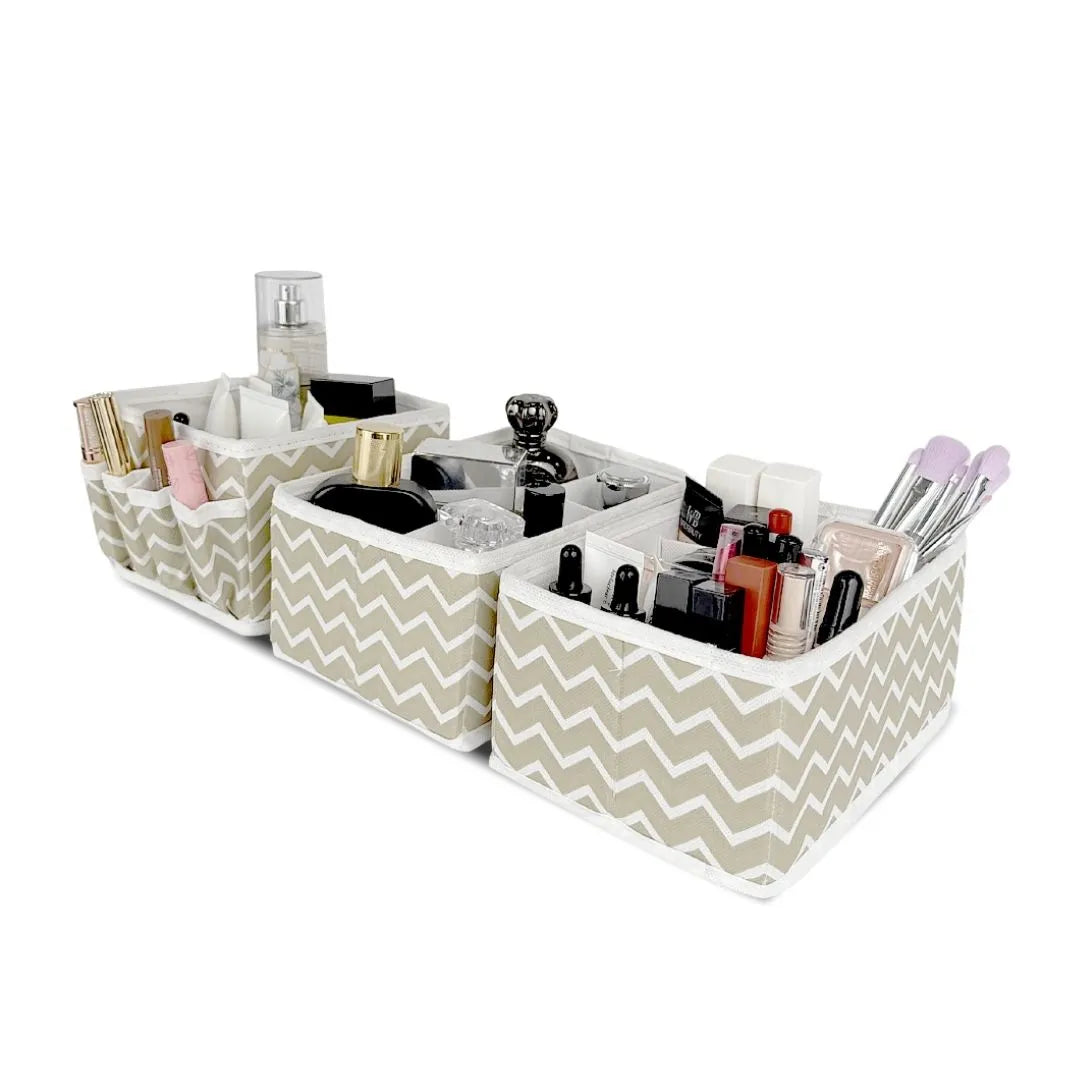 Makeup Organizer Set of 3 – white stripe Print with Cosmetics