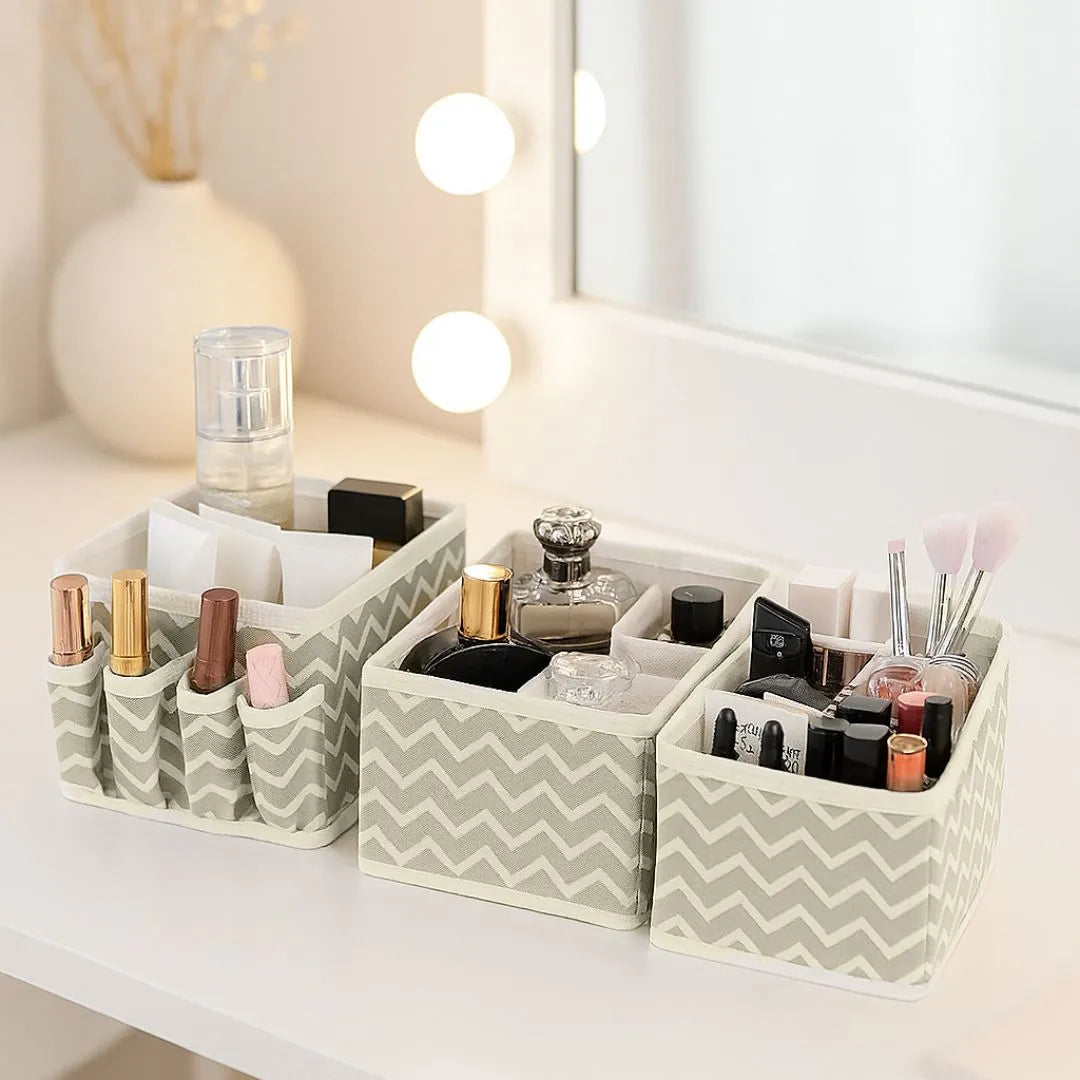 Vanity Table Setup with Chevron Makeup Organizer Boxes – Lipsticks, Perfumes, Brushes