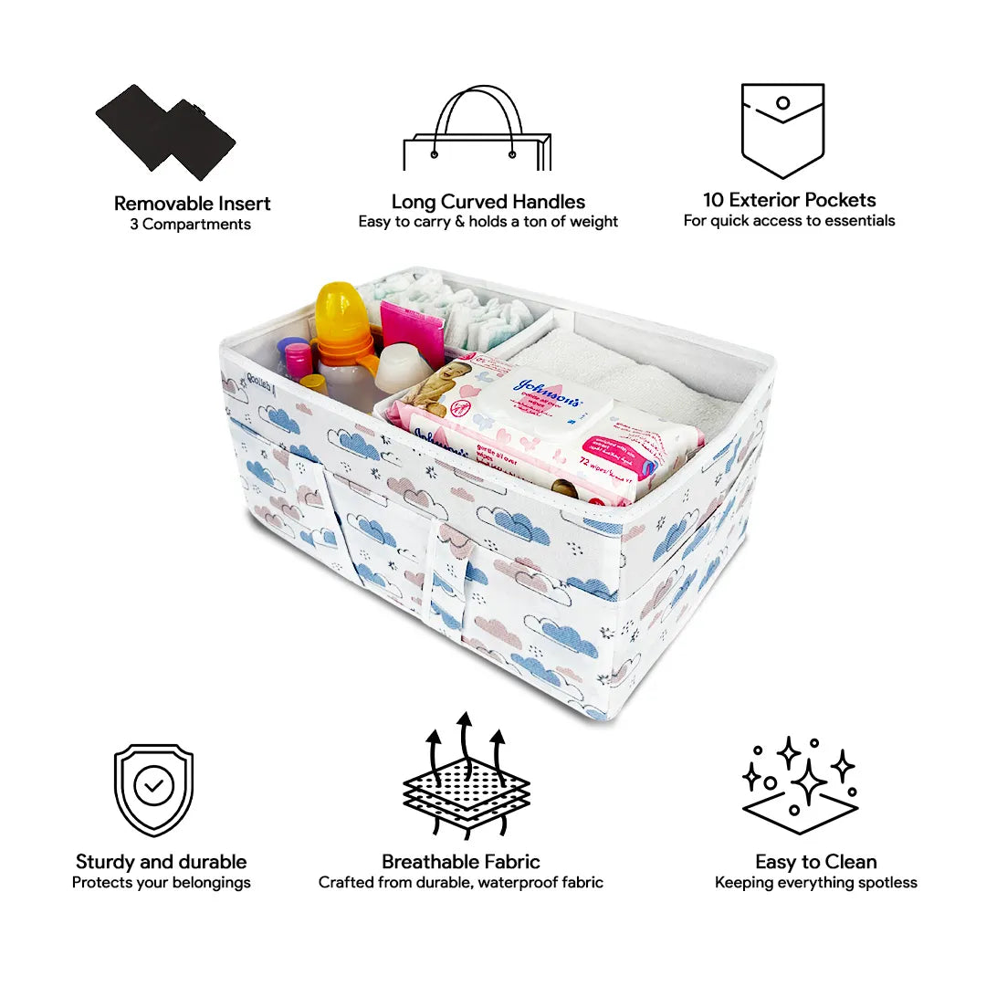 Multi-functional diaper storage caddy with cozy dreamy clouds print.