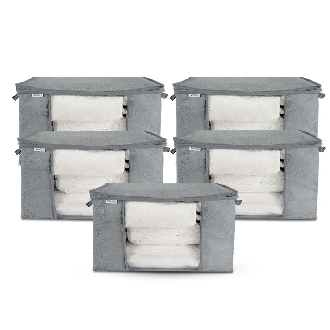 Set of 5 grey printed horizontal storage bags with handles, ideal for underbed storage of clothes, bedding, and linens.