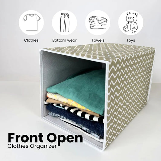 Front-open stackable clothes organizer by Qoolish with chevron design.
