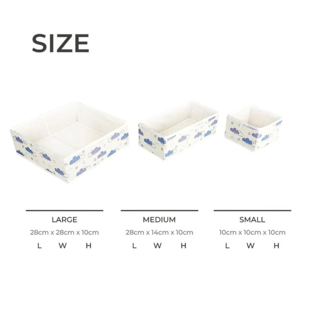 Foldable clothes storage bins for nursery drawers and baby accessories.
