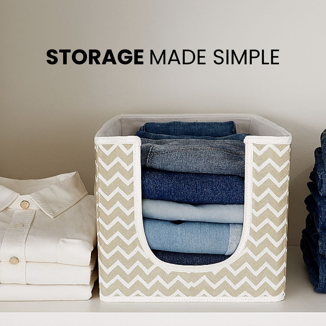 Wardrobe organization storage box with front cut for stacked jeans and shirts