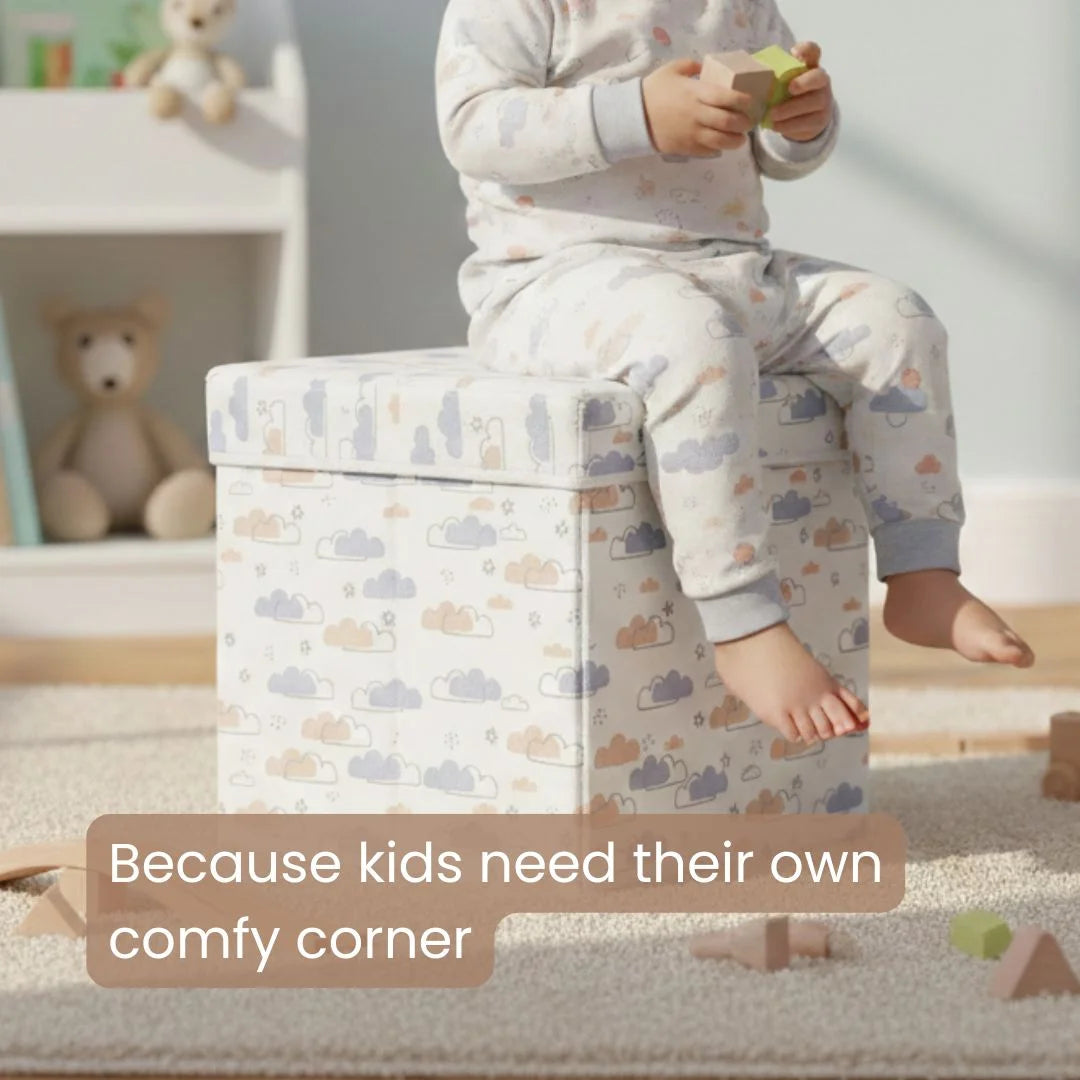 Qoolish 2 in 1 Kids Ottoman: Soft Cushioned Storage Stool For Toys, Clothes & Essentials | Available in 2 colors