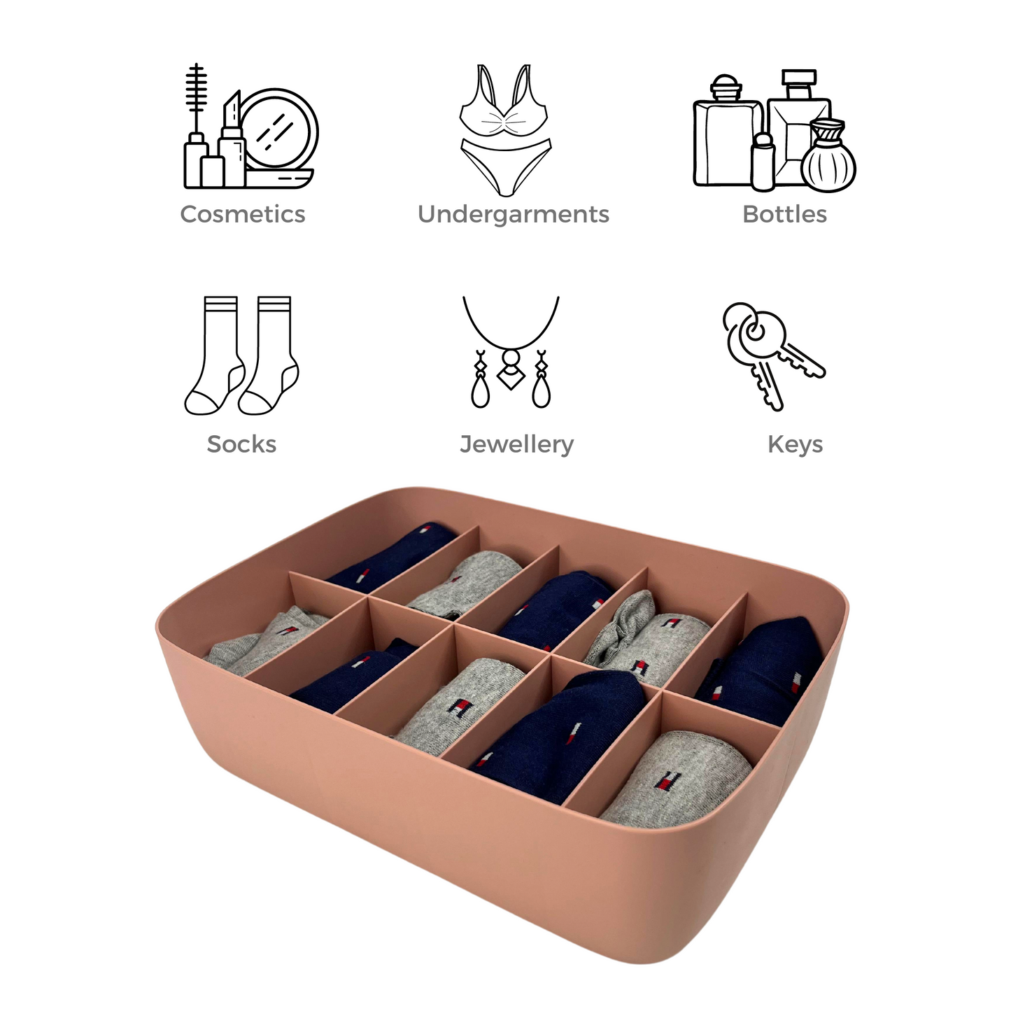 Multi-Compartment Plastic Storage Organizer - White, Blush, Beige, and Grey.