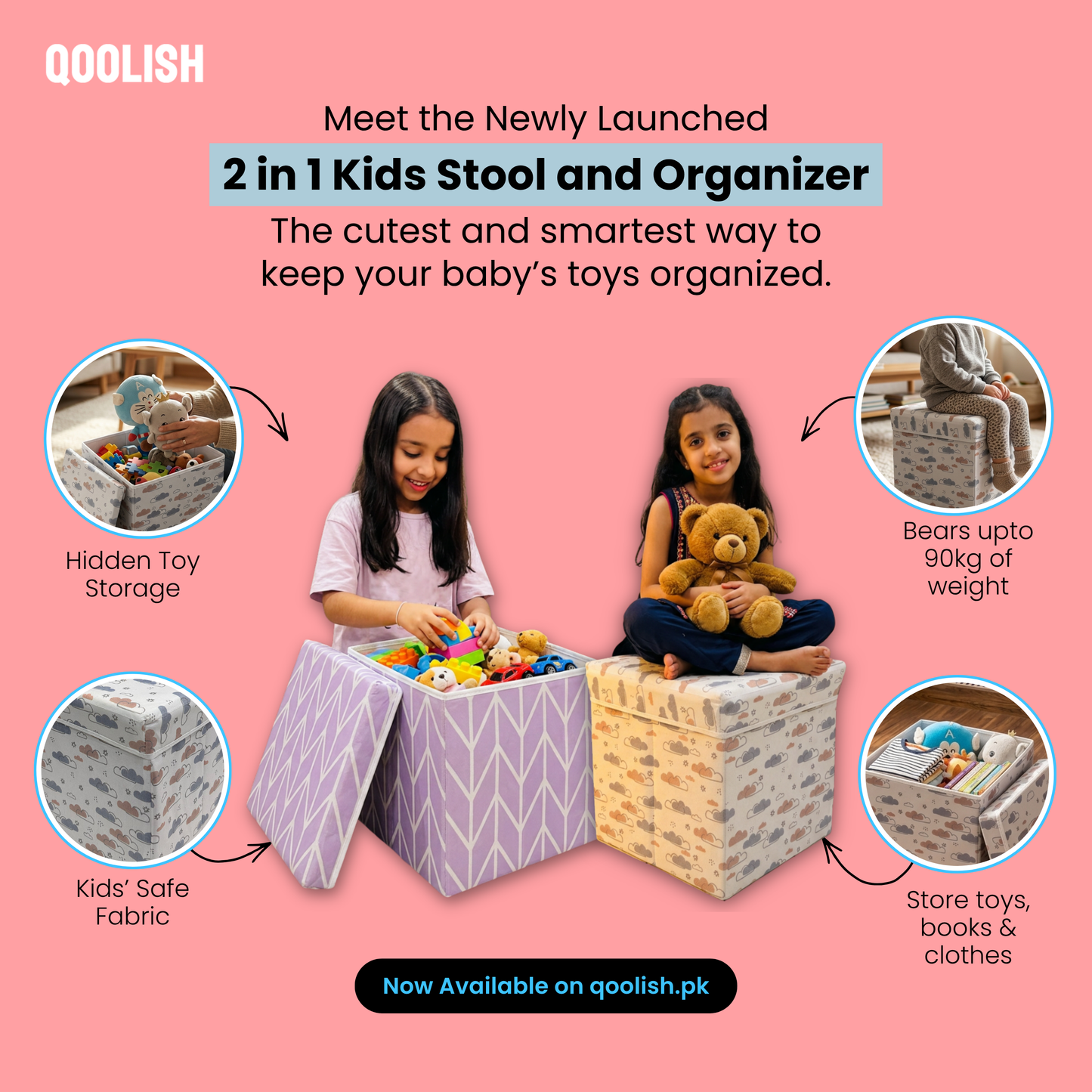 Qoolish 2 in 1 Kids Ottoman: Soft Cushioned Storage Stool For Toys, Clothes & Essentials | Available in 2 colors