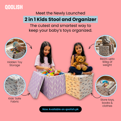 Qoolish 2 in 1 Kids Ottoman: Soft Cushioned Storage Stool For Toys, Clothes & Essentials | Available in 2 colors