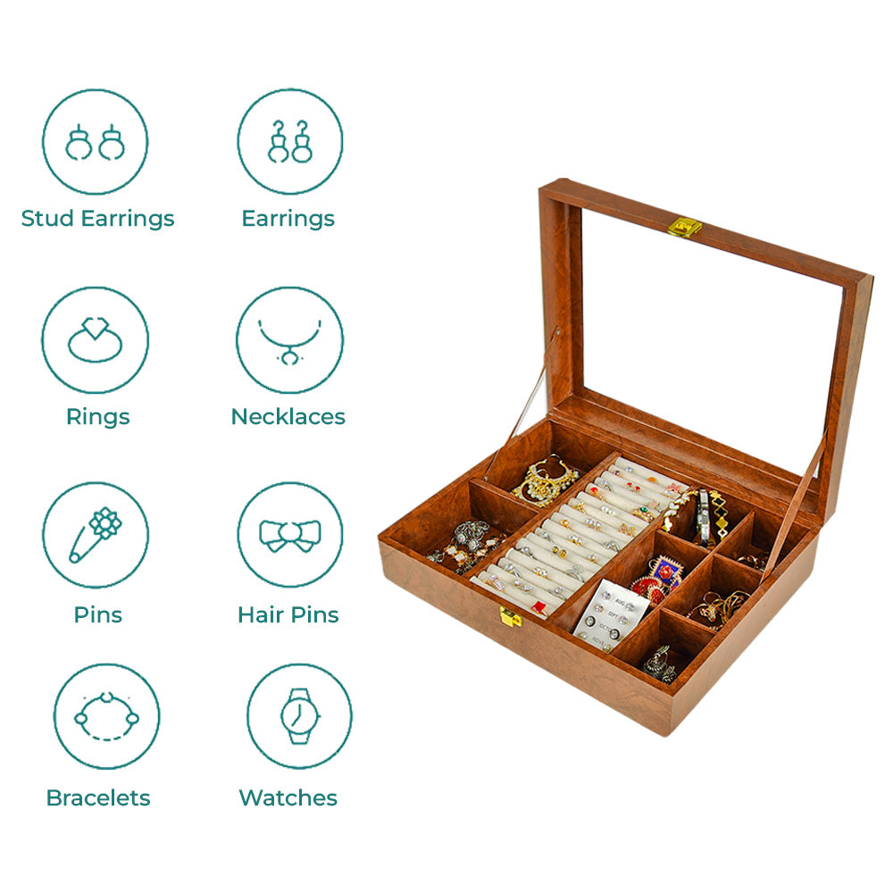 Qoolish Wood Jewelry Organizer Box : Stylish Storage with Glass Top