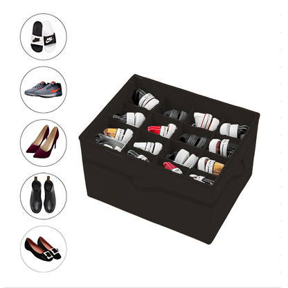 Qoolish 16-Pair Black Shoe Organizer - Clear, Foldable, Space-Saving with Reinforced Base