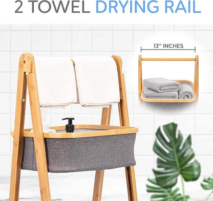 SereneLife 2-Tier Fold Out Hamper Shelf Storage - Space Saving Collapsible Foldable Natural Bamboo Wooden Organizer Removable Baskets for Bedroom Bathroom Laundry Clothes Towels