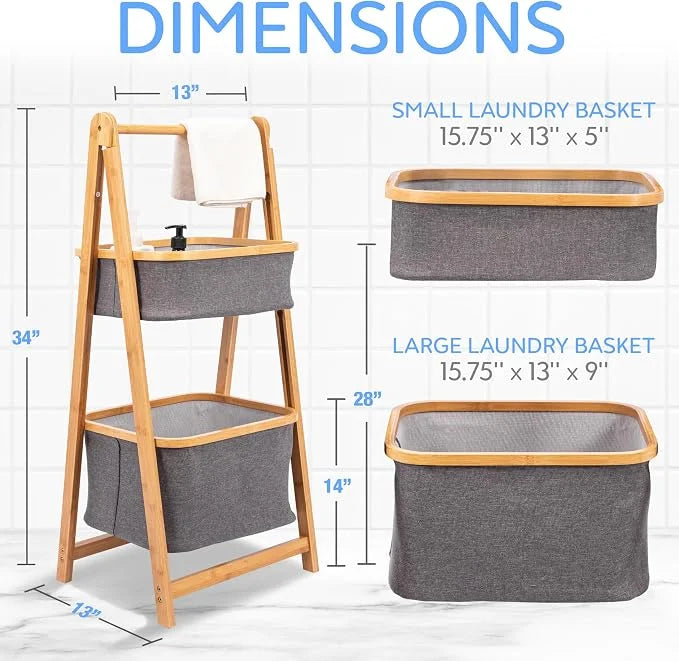 SereneLife 2-Tier Fold Out Hamper Shelf Storage - Space Saving Collapsible Foldable Natural Bamboo Wooden Organizer Removable Baskets for Bedroom Bathroom Laundry Clothes Towels