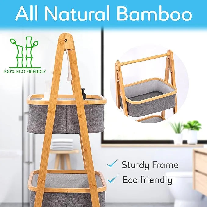 SereneLife 2-Tier Fold Out Hamper Shelf Storage - Space Saving Collapsible Foldable Natural Bamboo Wooden Organizer Removable Baskets for Bedroom Bathroom Laundry Clothes Towels