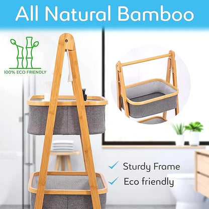 SereneLife 2-Tier Fold Out Hamper Shelf Storage - Space Saving Collapsible Foldable Natural Bamboo Wooden Organizer Removable Baskets for Bedroom Bathroom Laundry Clothes Towels