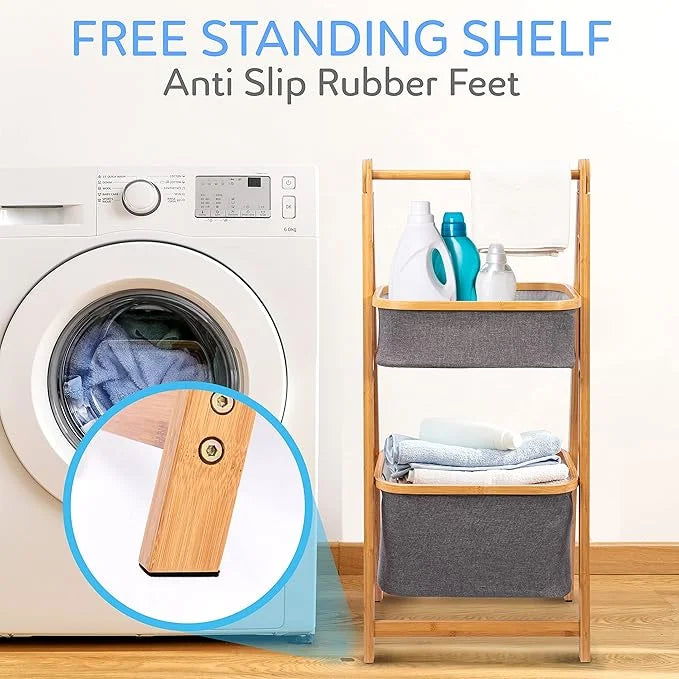 SereneLife 2-Tier Fold Out Hamper Shelf Storage - Space Saving Collapsible Foldable Natural Bamboo Wooden Organizer Removable Baskets for Bedroom Bathroom Laundry Clothes Towels