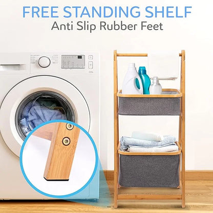 SereneLife 2-Tier Fold Out Hamper Shelf Storage - Space Saving Collapsible Foldable Natural Bamboo Wooden Organizer Removable Baskets for Bedroom Bathroom Laundry Clothes Towels