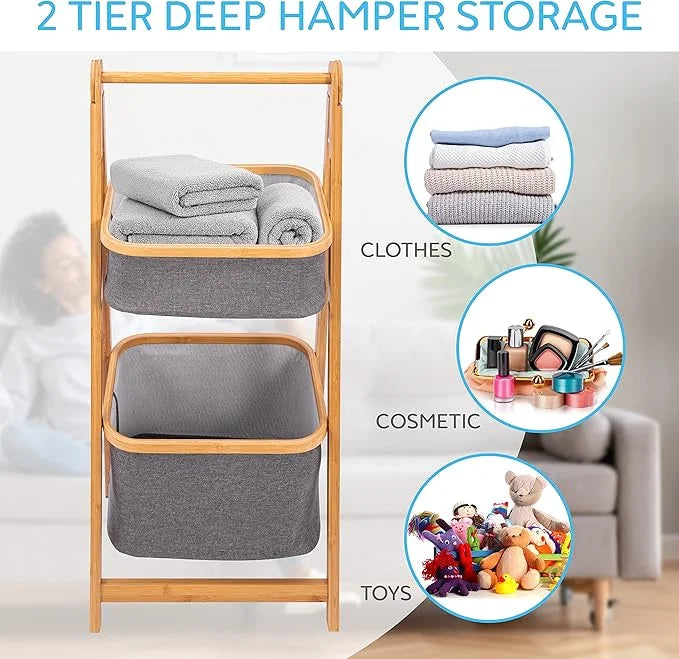 SereneLife 2-Tier Fold Out Hamper Shelf Storage - Space Saving Collapsible Foldable Natural Bamboo Wooden Organizer Removable Baskets for Bedroom Bathroom Laundry Clothes Towels