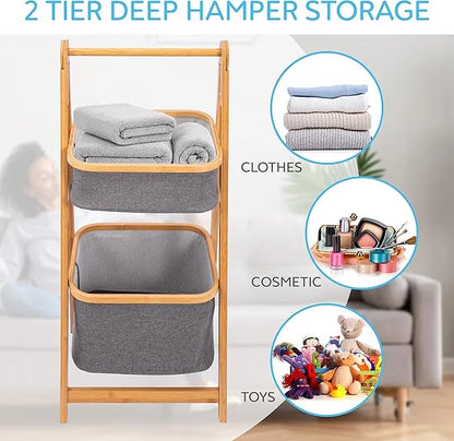 SereneLife 2-Tier Fold Out Hamper Shelf Storage - Space Saving Collapsible Foldable Natural Bamboo Wooden Organizer Removable Baskets for Bedroom Bathroom Laundry Clothes Towels