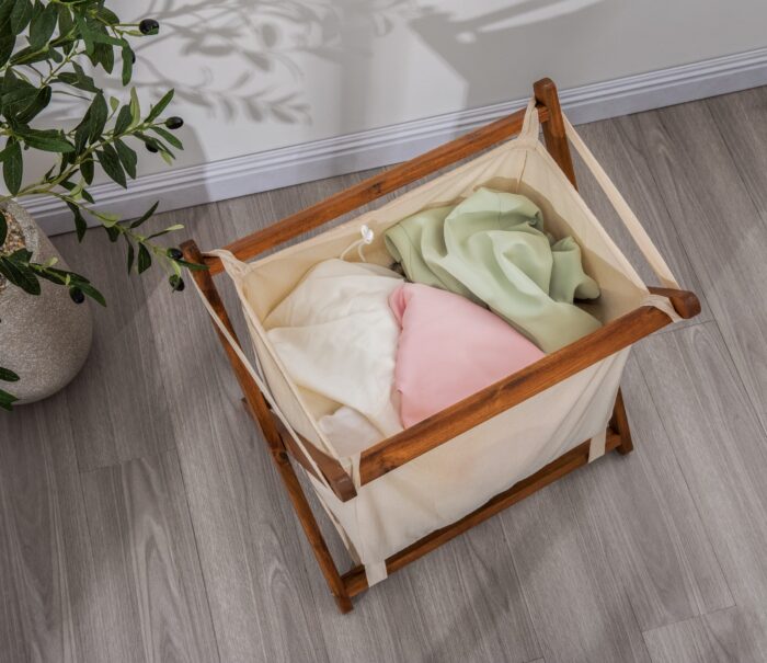 Qoolish Acacia Wood Folding Laundry Hamper Basket with Handle