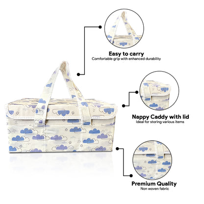 Diaper caddy with Lid - Dreamy Clouds Cool Blue Hues