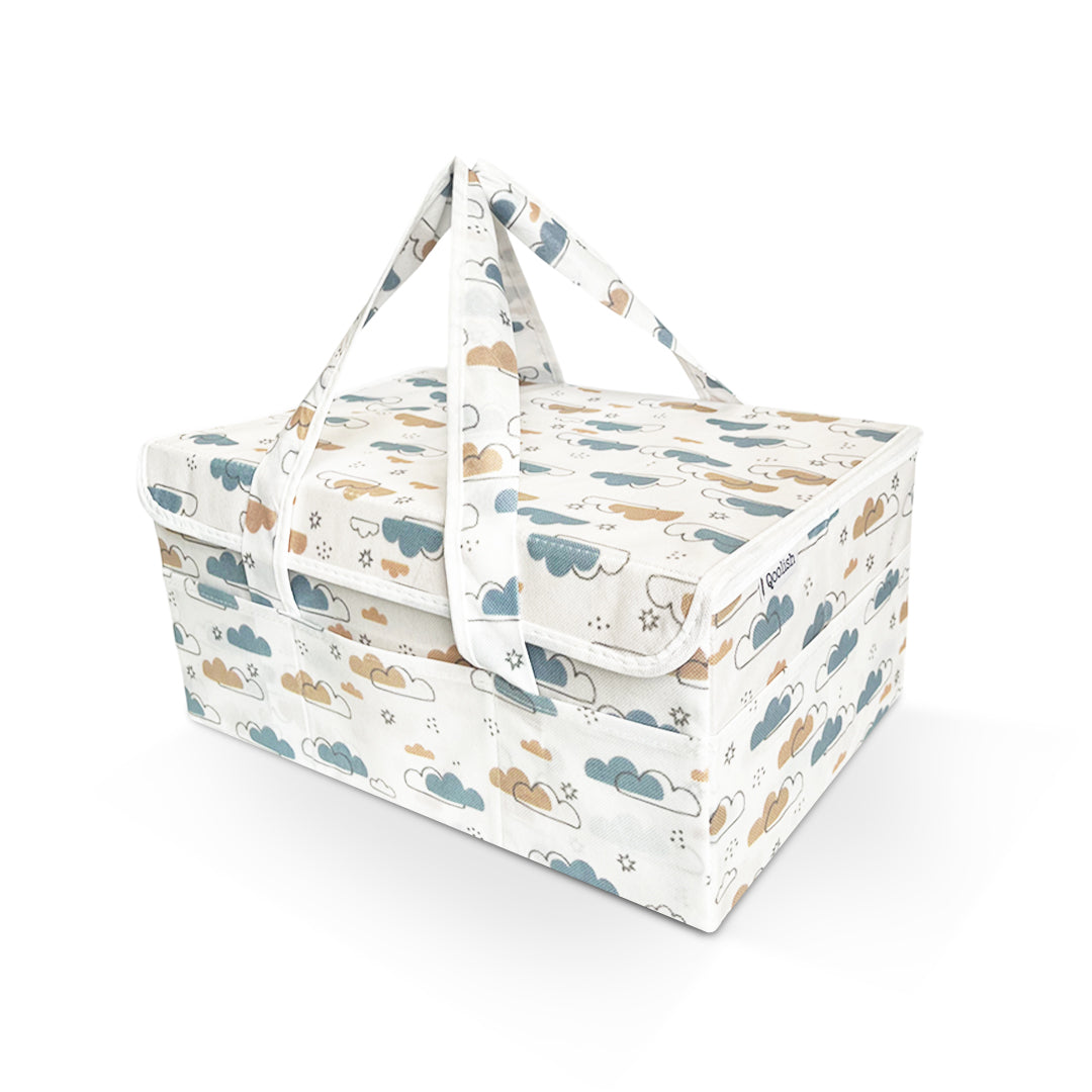 Diaper Caddy with Lid- Dreamy Clouds Warm Neutral tones