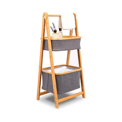 SereneLife 2-Tier Fold Out Hamper Shelf Storage - Space Saving Collapsible Foldable Natural Bamboo Wooden Organizer Removable Baskets for Bedroom Bathroom Laundry Clothes Towels