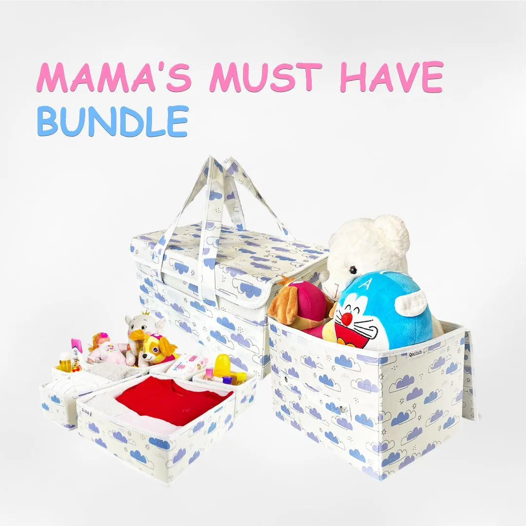 Cloud print diaper bag, storage boxes and drawer organizers filled with toys and baby products